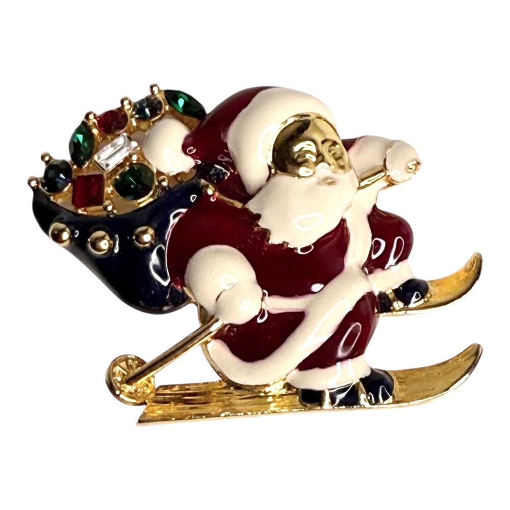 Santa On Sleigh Christmas Brooch Pin 2" Pendant Rhinestone Crystal Accents Vtg